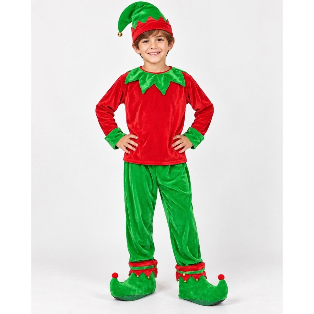 Christmas Elf Jester Costume Youth M 8-10 Red Green Velvet Hat Shoe Covers